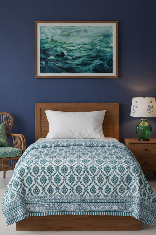 Pure Mulmul Dohar (Pair), Blue Damask