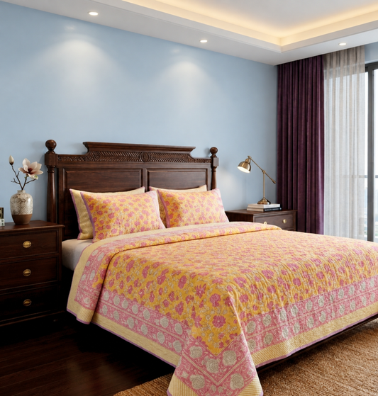 100% Premium Mulmul Cotton Reversible King Size Bedspread cum AC Quilt, Canary Yellow