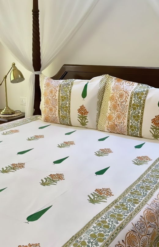 100% Pure Cotton Handblock 200 TC Percale King Size Bedsheet with Two Pillow Covers, Green Yellow