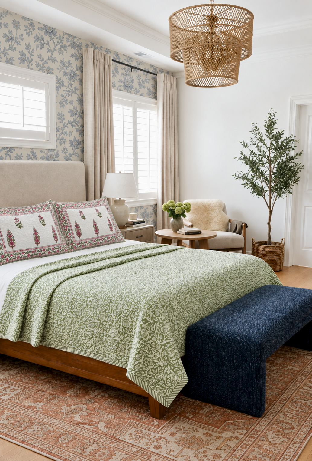100% Premium Mulmul Cotton Reversible King Size Bedspread cum AC Quilt, Leaf Green & Pink