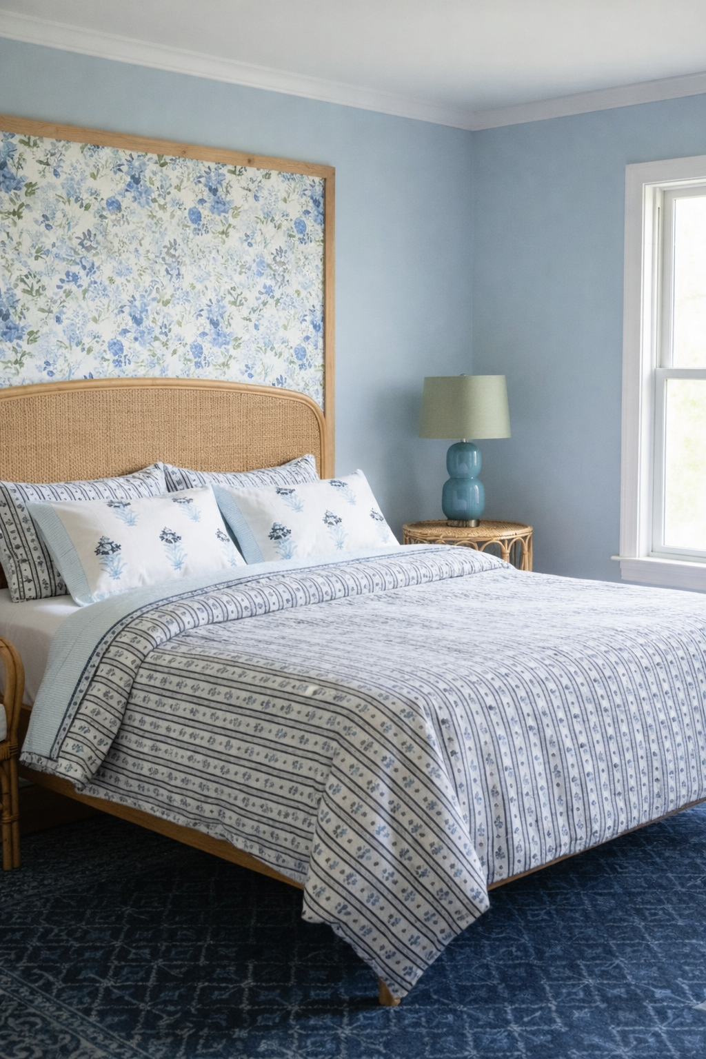 100% Pure Cotton Handblock 200 TC Percale King Size Bedsheet with Two Pillow Covers, Shades Of Blue