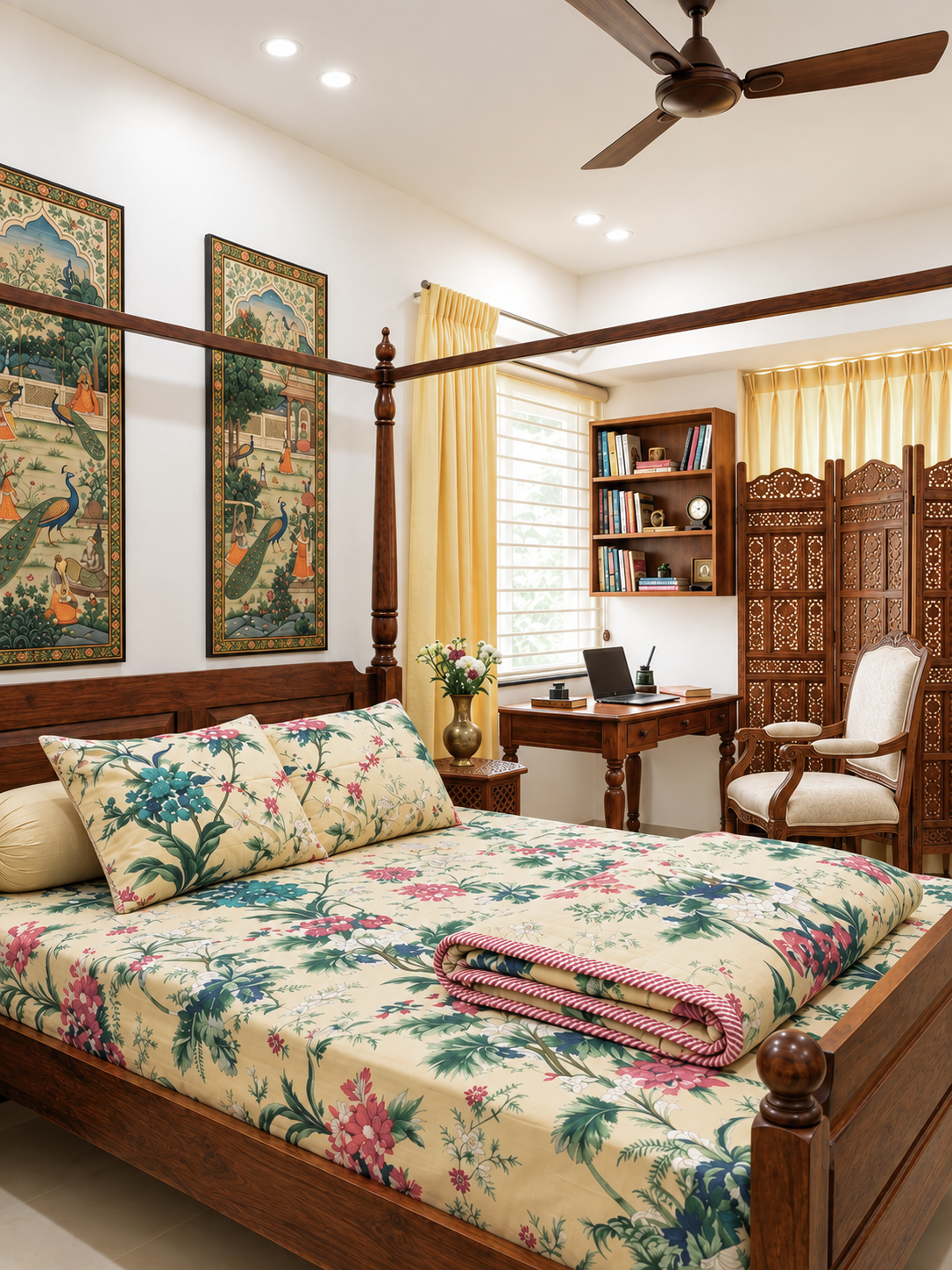 Heritage Botanical Bedsheet & Dohar Set with Two Pillow Covers, Cream