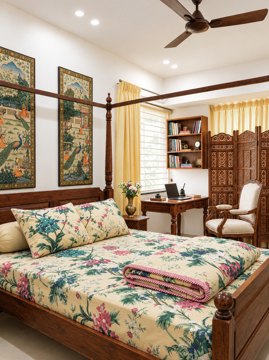 Heritage Botanical Bedsheet & Dohar Set with Two Pillow Covers, Cream