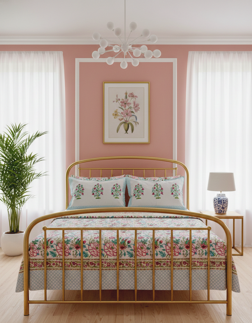 100% Pure Cotton Handblock 200 TC Percale King Size Bedsheet with Two Pillow Covers, Pastel