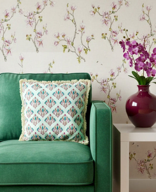 Printed Fringed Cotton Cushion Covers In 16 × 16 Inches, Ivory Ikat