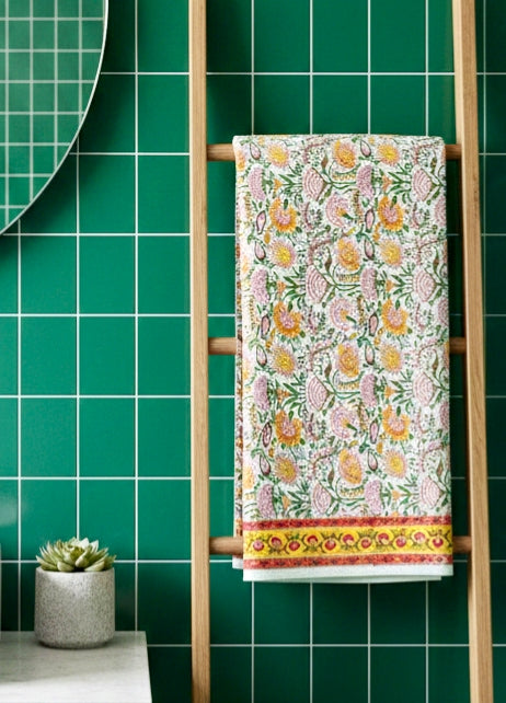 Pure Cotton Hand Block Waffle 30 x 60 Inches Bath Towel , Yellow & Red