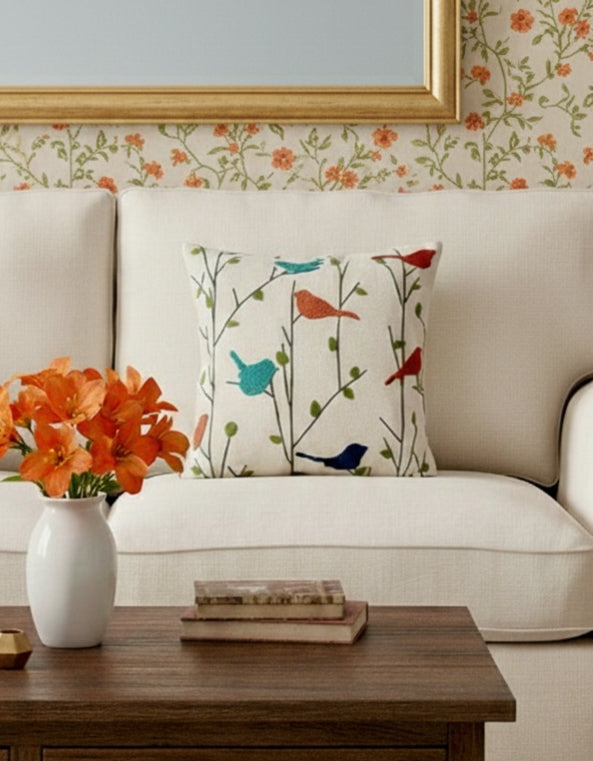 Embroidered Cushion Cover in 18 x 18 Inches, Birds & Branches