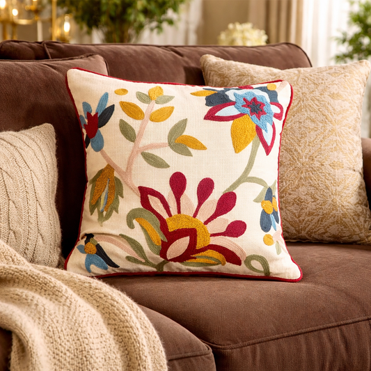 Floral Fusion Embroidered 16 x 16 Inches Cushion Cover, Multi