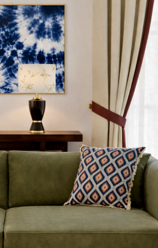 Printed Fringed Cushion Cover In Size 16 × 16 Inches, Navy Ikat