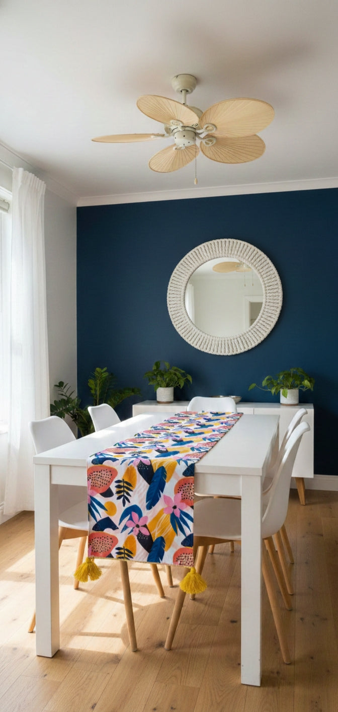 Table Runner in 12 x 72 Inches With Tassels, White Tropical