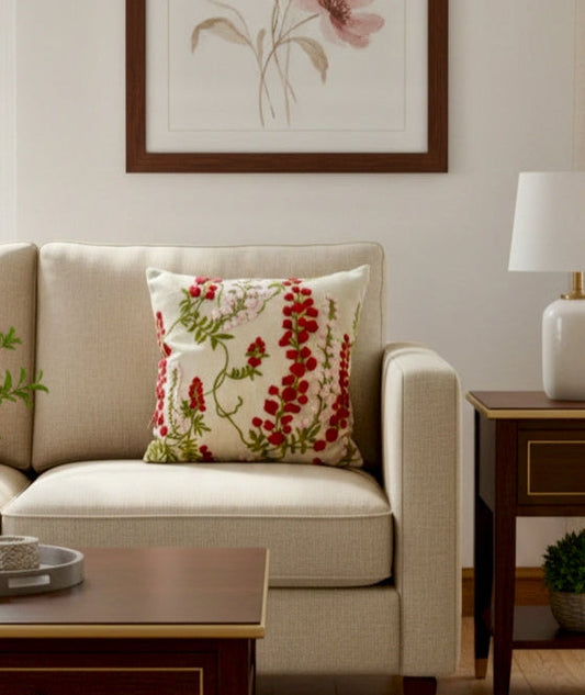 Embroidered Cushion Cover 16 × 16 Inches, Red Wisteria