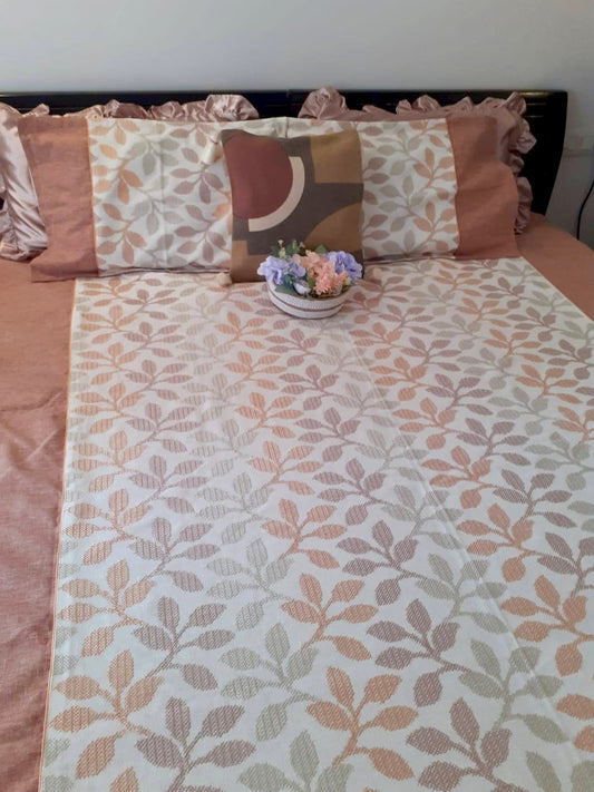 100% Cotton King Size Embroidered Bedcover with Two Pillow Covers, Peach & White