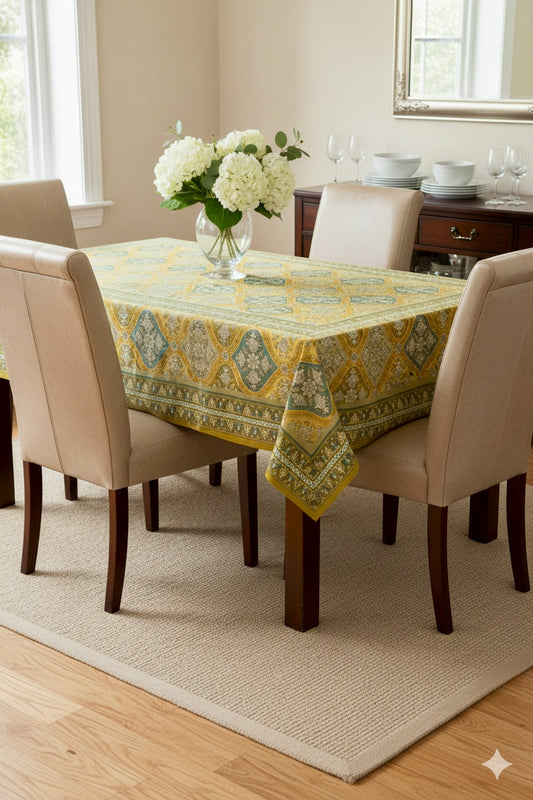 100% Cotton 6 Seater Dining Table Cover, Yellow & Grey
