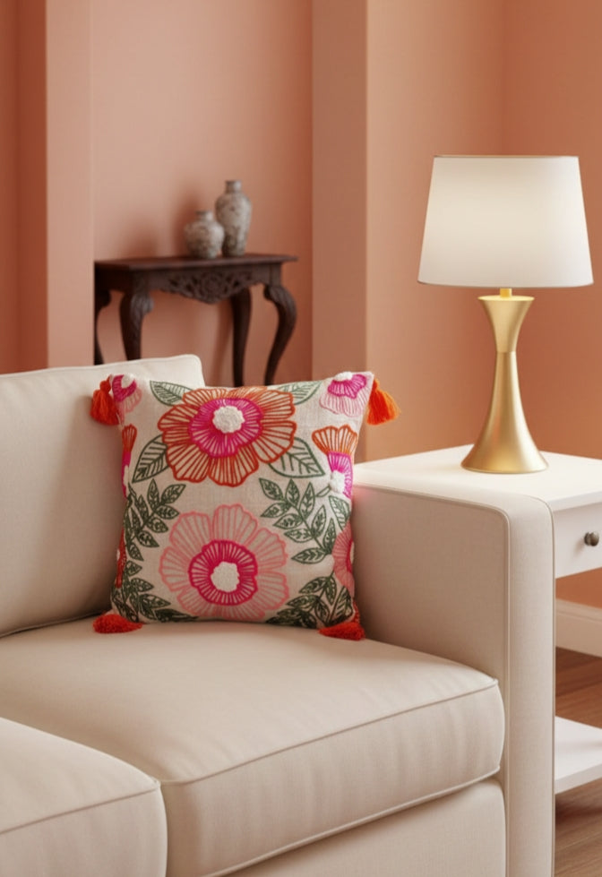 Embroidered Cushion Covers in 16 x 16 Inches Cushion Cover With Tassels