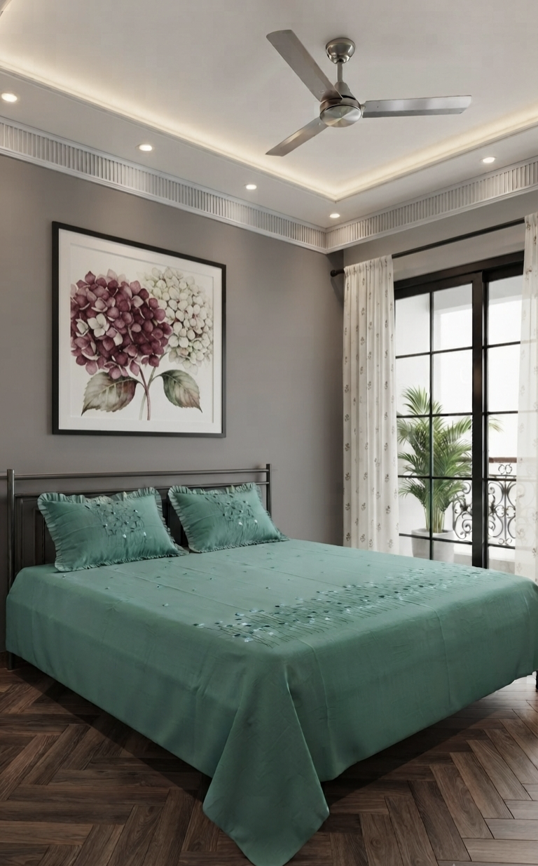 100% Cotton King Size Embroidered Bedsheet with Two Ruffled Pillow Covers, Mint Green