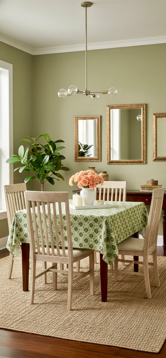 Thick Cotton 4-6 Seater Dining Table Cover, Green Ikat