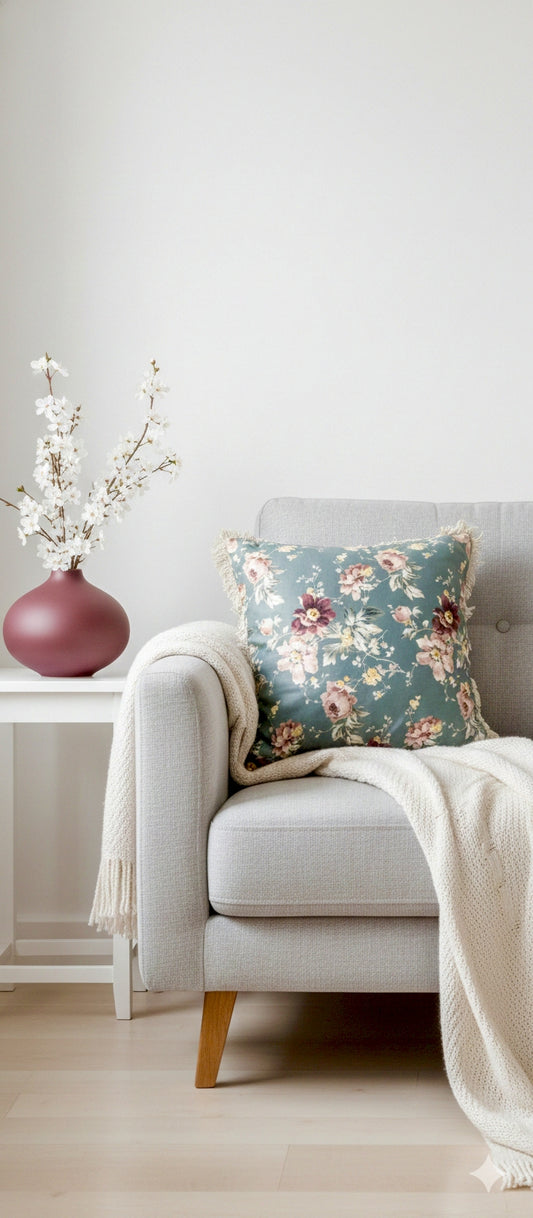 Velvet Printed Fringed Cushion Cover In Size 18 × 18 Inches, Grey