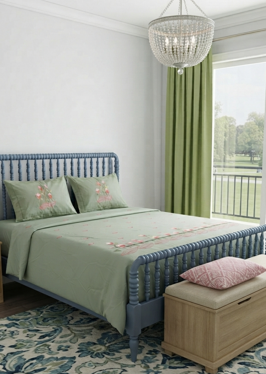 Pure Cotton King Size Embroidered Bedsheet with Two Pillow Covers, Sage Green & Pink