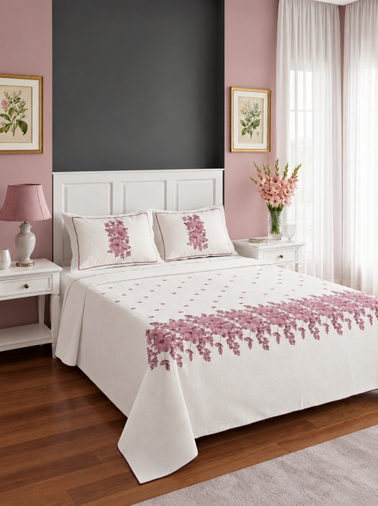 Pure Cotton King Size Embroidered Bedsheet with Two Pillow Covers, White & Mauve Pink