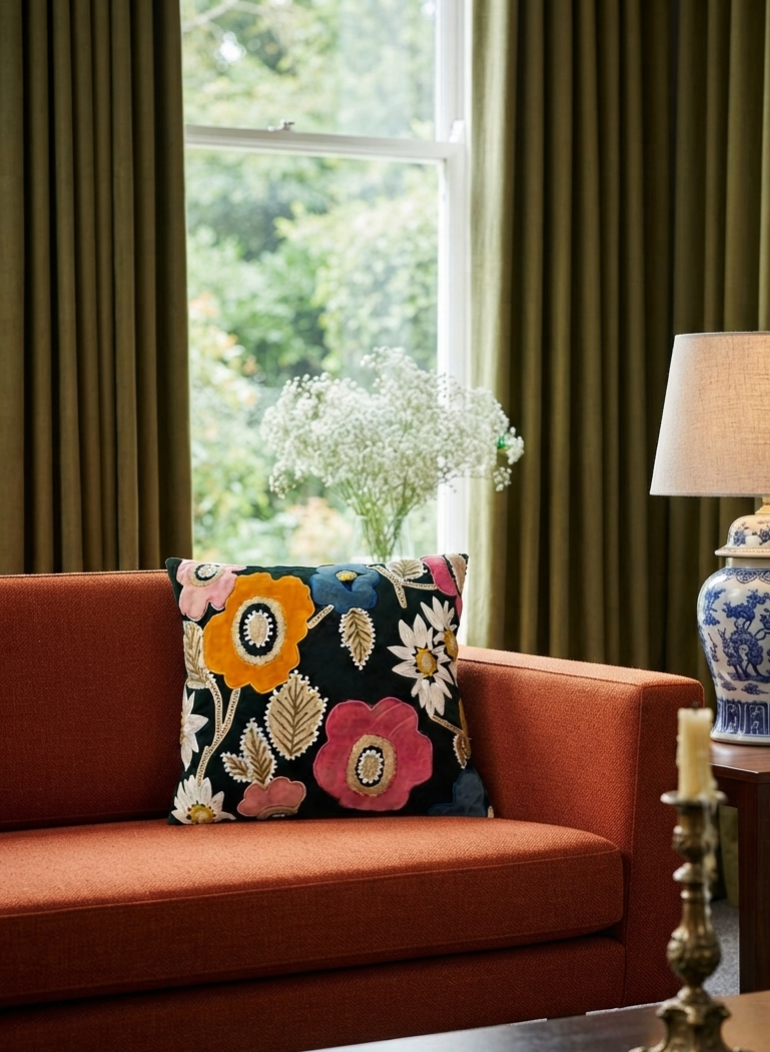 Floral Burst Embroidered Cushion Cover in 16 × 16 inches, Dark Green