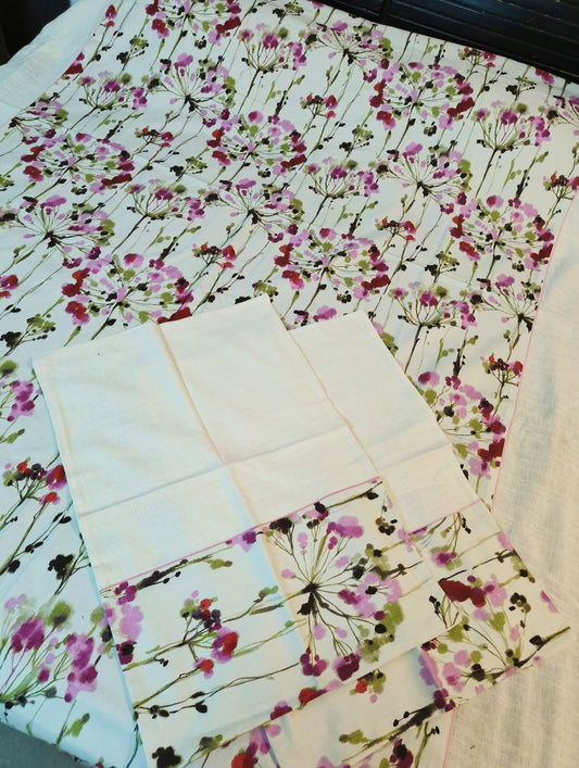 100% Pure Canvas Cotton King Size Bedcover with Two Pillow Covers, Pink Floral