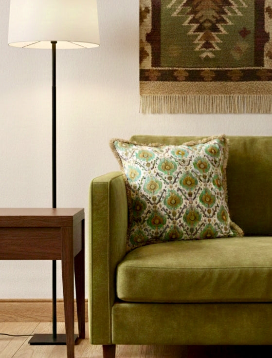 Printed Fringed Cushion Cover in Size 18 x 18 Inches, Green Ikat