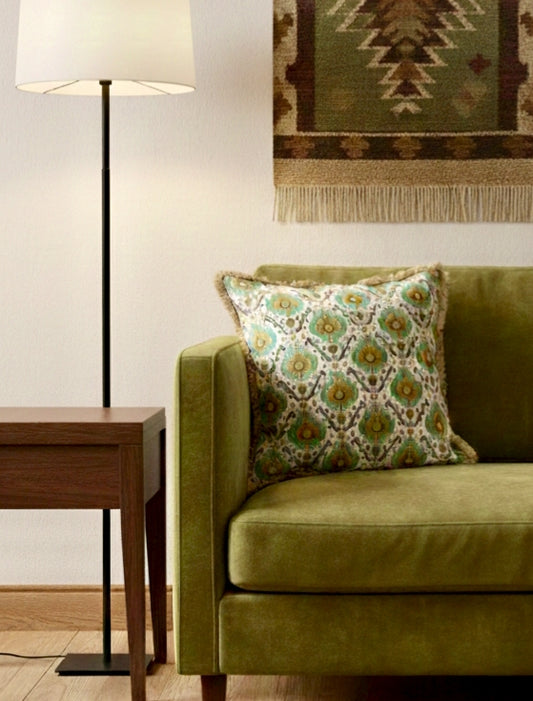 Printed Fringed Cushion Cover In Size 18 x 18 Inches, Green Ikat