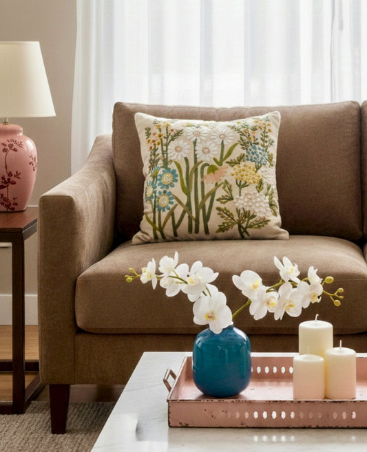 Embroidered Cushion Cover In Size 16 x 16 Inches, Botanical